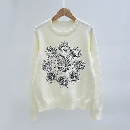 Autumn Winter round Neck Pullover Chest Heavy Industry Planet Embroidery All Match Long Sleeve Knitted Base Women Sweater