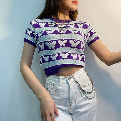 Short Sleeve Butterfly Girl Knitted Lining Taro Purple Knitted T shirt