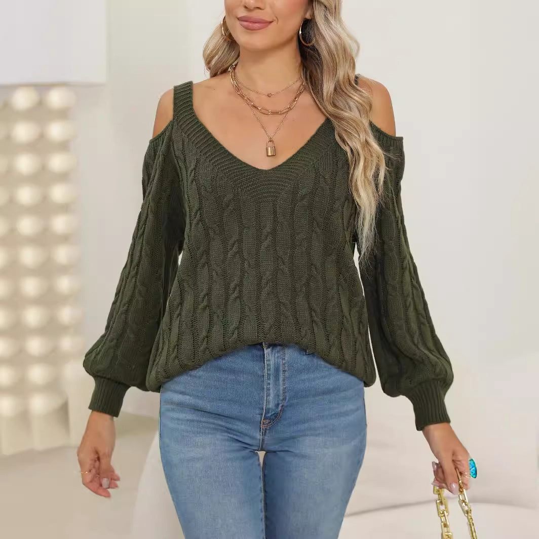 Knitted Bottoming Shirt Autumn Winter Women Clothing Deep V Plunge Sexy off the Shoulder Loose Pullover Women Top