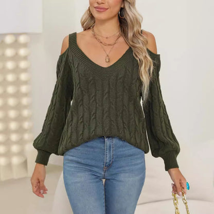 Knitted Bottoming Shirt Autumn Winter Women Clothing Deep V Plunge Sexy off the Shoulder Loose Pullover Women Top