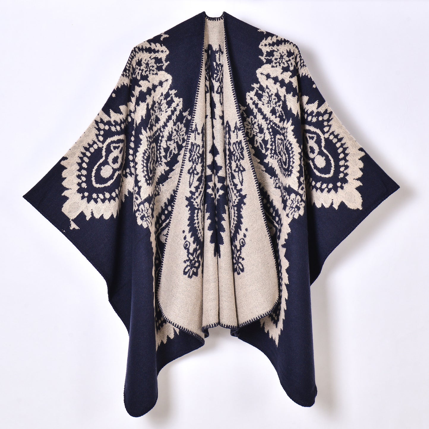 Women Warm Shawl Coat Vintage Totem Jacquard Thickened Split Cloak