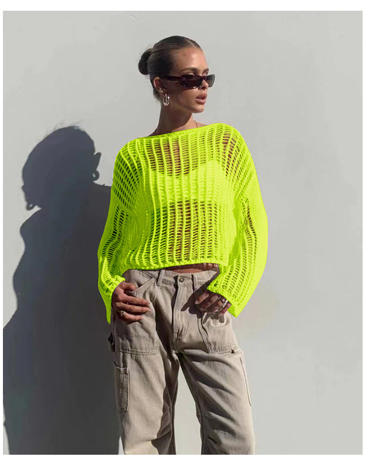 Long Sleeve Hollow Out Cutout Out Knitted Mesh Shirt Women Summer Thin Type Sunscreen Blouse Early Spring Top Outer Wear