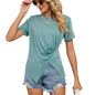 Summer Solid Color Loose Round Neck Pleated Women T Shirt Tops