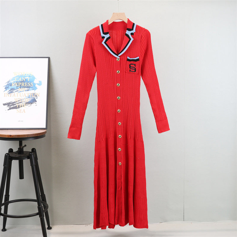 French Classic Embroidered Polo Collar Long Sleeved Knitted Dress Waist Slimming Elegant Spring Dress for Women