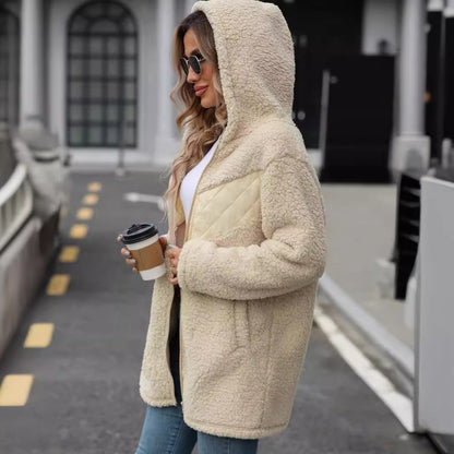 Arrival Women Clothing Autumn Winter Cardigan Hooded Mid Length Loose Zip Plush Coat for Women