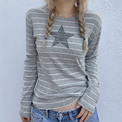 Vintage Stripe Five Pointed Star Printed Crew Neck Casual T Shirt Early Autumn Minority All Match Design Basic Long Sleeve