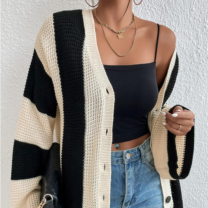 Top Product Autumn Winter Women Striped Contrast Color Bell Sleeve Knitted Cardigan Loose Sweater Coat Women