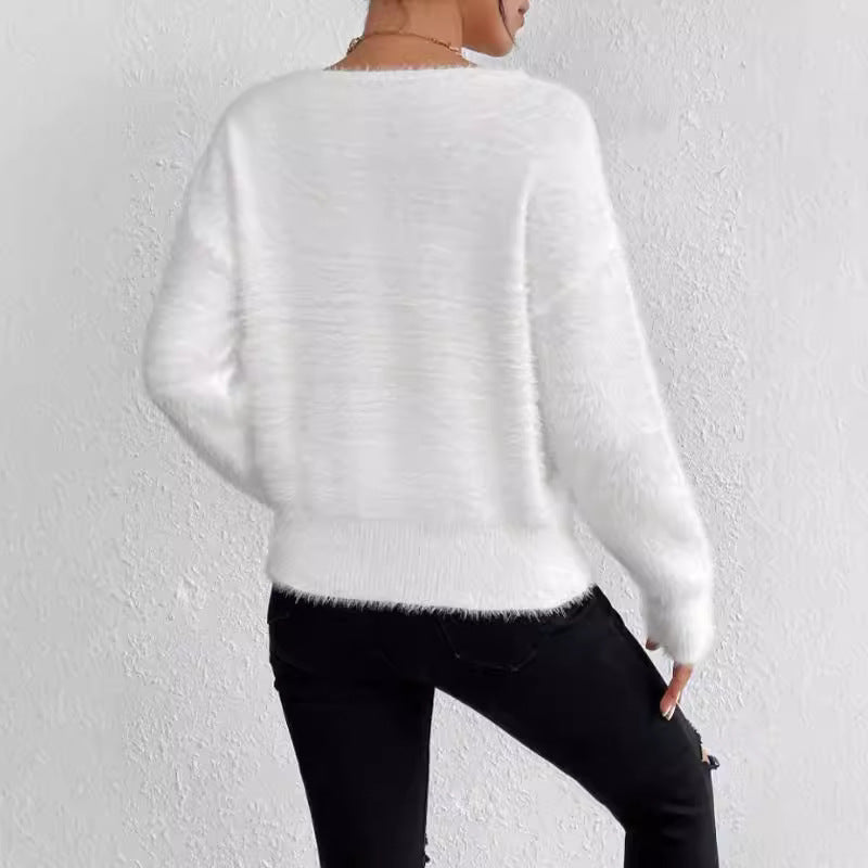 Autumn Winter Imitation Marten Pullover V neck Sweater Women Solid Color Long Sleeve Soft Knitted Top for Women