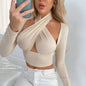 Autumn Winter New Fashion Sexy Criss Cross Collar Loose T-shirt with Shoulder Oversleeve Hollow Out Hollow Out Cutout Top for Women