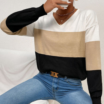 Autumn Winter Loose Casual V-neck Top Color Matching Long Sleeve Sweater for Women