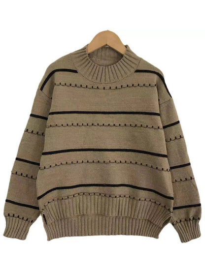 Spring Autumn Wild Classic Striped Sweater Women Half Turtleneck Hollow Out Cutout Out Long Sleeve Top