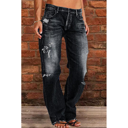 Women Denim Trousers Mid Waist Straight Leg Pants