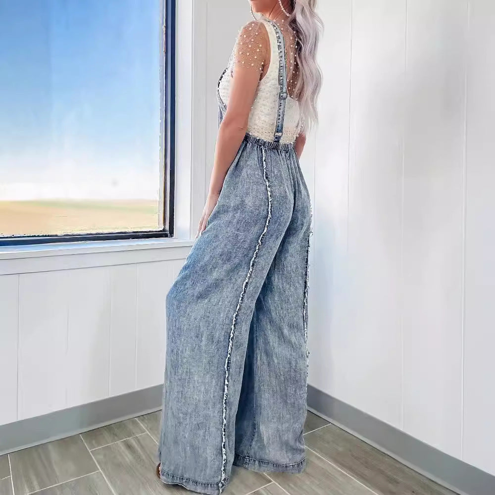 Spring Loose Fitting Overalls Women Retro Washed Raw Hem Wide Legs Jumpsuit