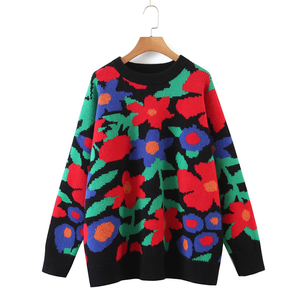 Autumn Winter Large Floral Embroidery round Neck Loose Long Sleeves Knitted Sweater Pullover Women