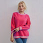 Women Clothing Solid Color Round Neck Striped All Matching Top Simple Autumn Winter Sweater