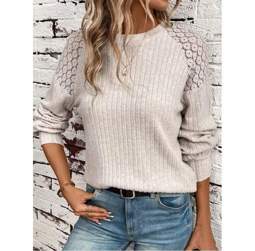 Autumn Comfort Casual Lace Stitching Solid Color Pullover Long Sleeve Top T Shirt Women