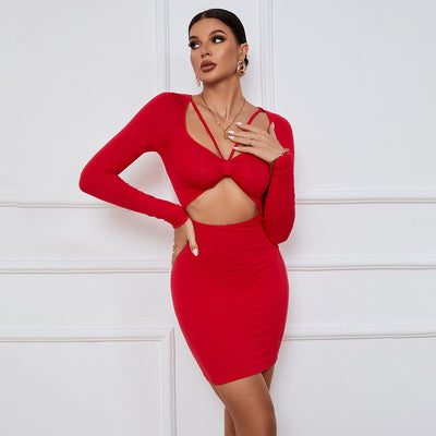 Women Clothing Autumn Winter Party Tight Sheath Wrapped Chest Hollow Out Cutout out Long Sleeve Dress