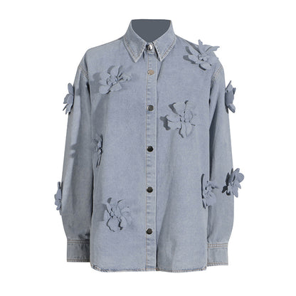 Simple Three Dimensional Floral Denim Top Women Summer Comfort Casual Shirt Denim Jacket Women