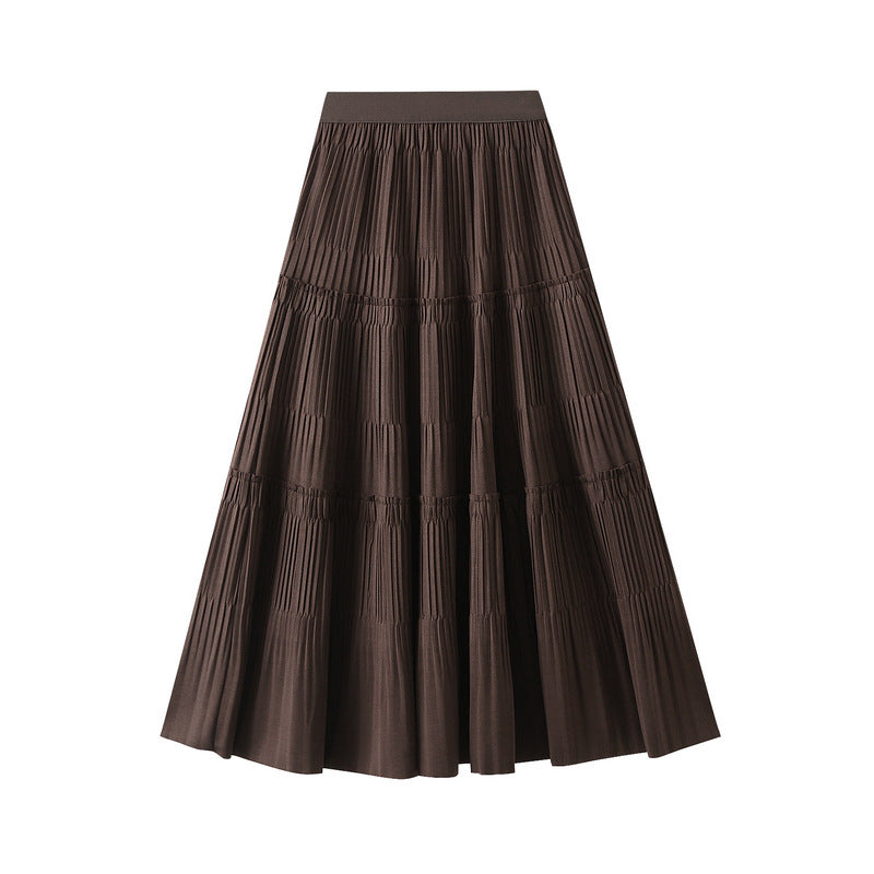 Fall Korean Elastic Waistband Pleated Skirt High Waist Slimming All Matching Mid Length A Line Skirt