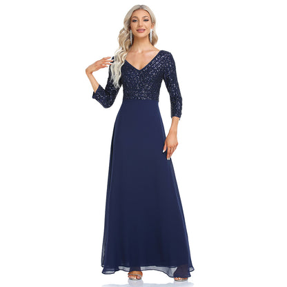 Women Autumn Winter Chiffon Bridesmaid Dress Double V neck Dress A line Large Hem Sequin Stitching Evening Dress