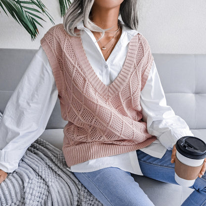 Real shot autumn winter v-neck rhombus Hollow Out Cutout casual knitted sweater vest women clothing