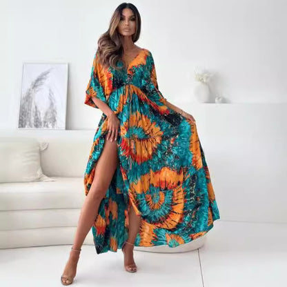 Autumn Three Quarter Sleeve Sexy Deep V Plunge Multi Color Floral Print Slit Dress