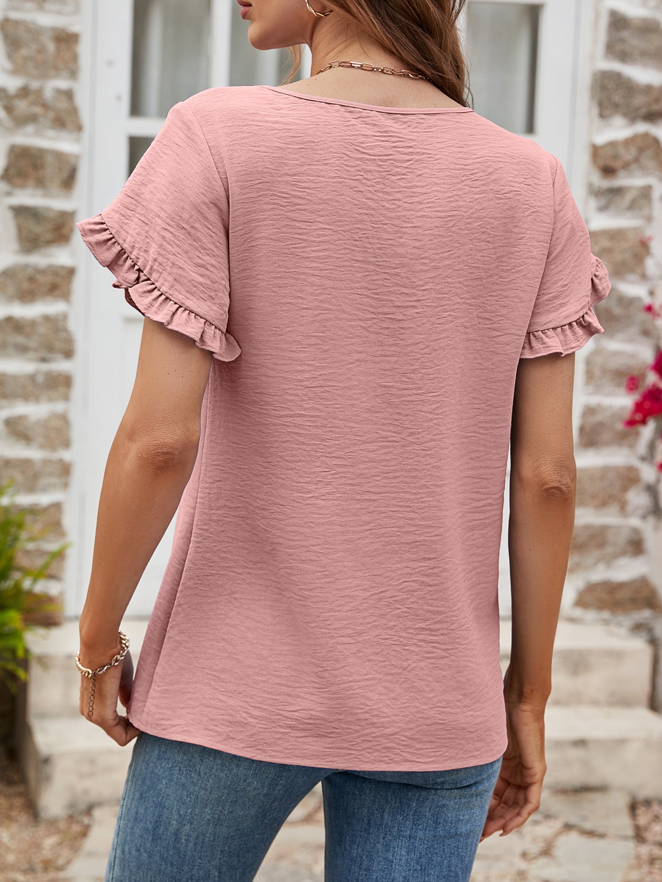 Summer Solid Color round Neck Ruffled Short Sleeves Women Tops Casual T shirt Women