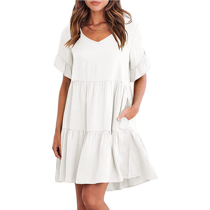 Women Summer Casual V Neck Little Girl Clothes Three Layer Pleated Dress