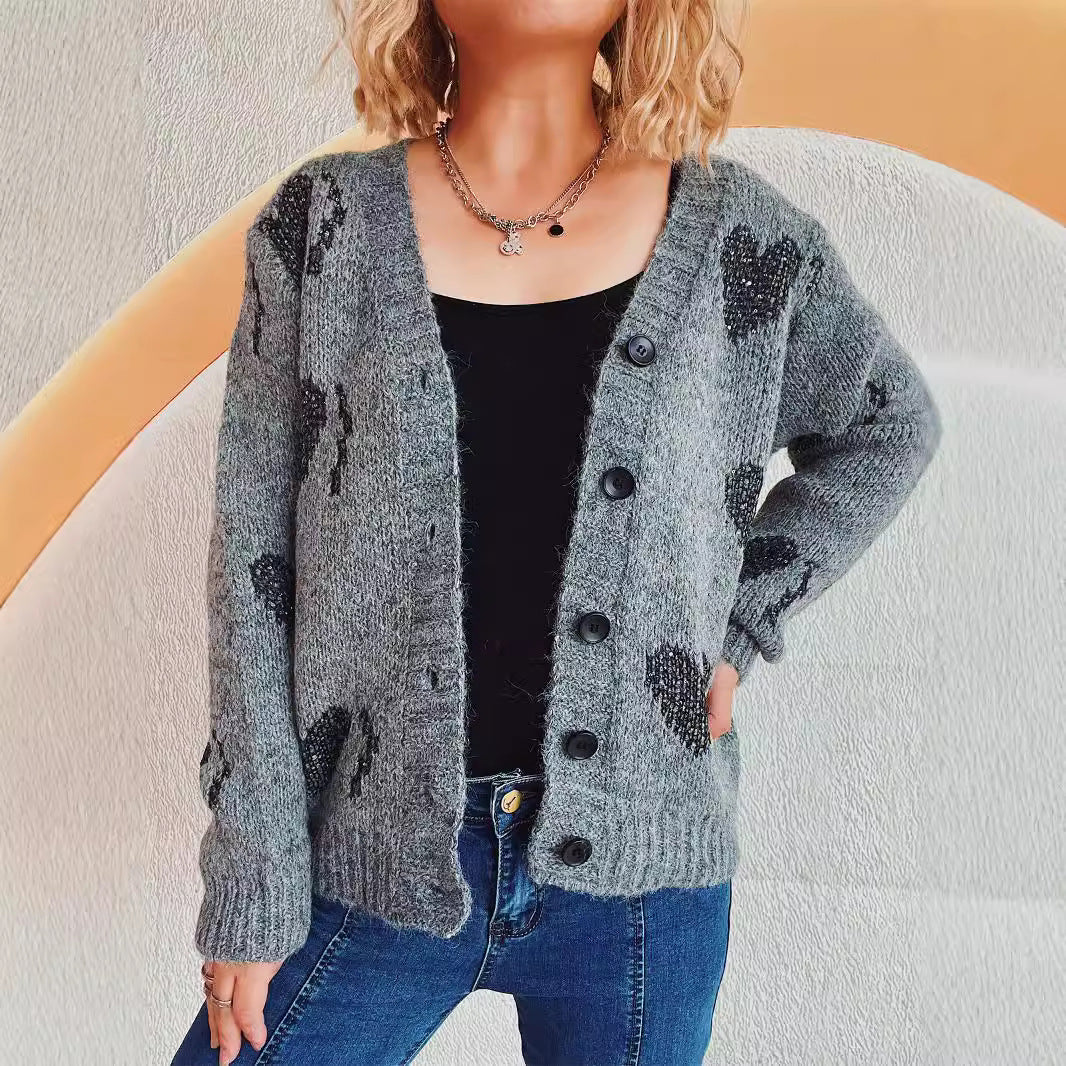 Women Knitted Cardigan Autumn Winter Loose Soft Glutinous V neck Top High Grade Love Sweater Coat for Women