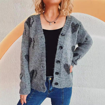 Women Knitted Cardigan Autumn Winter Loose Soft Glutinous V neck Top High Grade Love Sweater Coat for Women