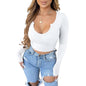 Women Clothing Nightclub Comfortable Solid Color Sunken Stripe U Neck Long Sleeved Short Top