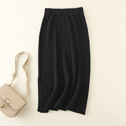 Autumn Winter Casual Knitted Slit Skirt High Waist Stretch Solid Color Inner Wear Slimming Sheath Skirt for Women