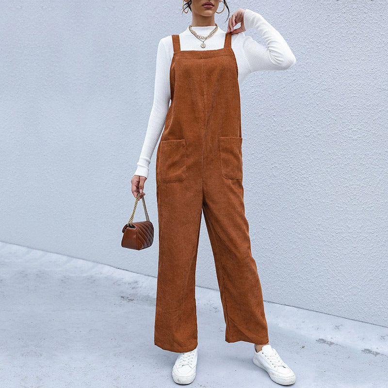 Autumn Women Brown Loose Corduroy Suspender Pants