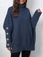 Women Pullover Button Knitted Solid Color Turtleneck Collared Loose Woven Sweater Top