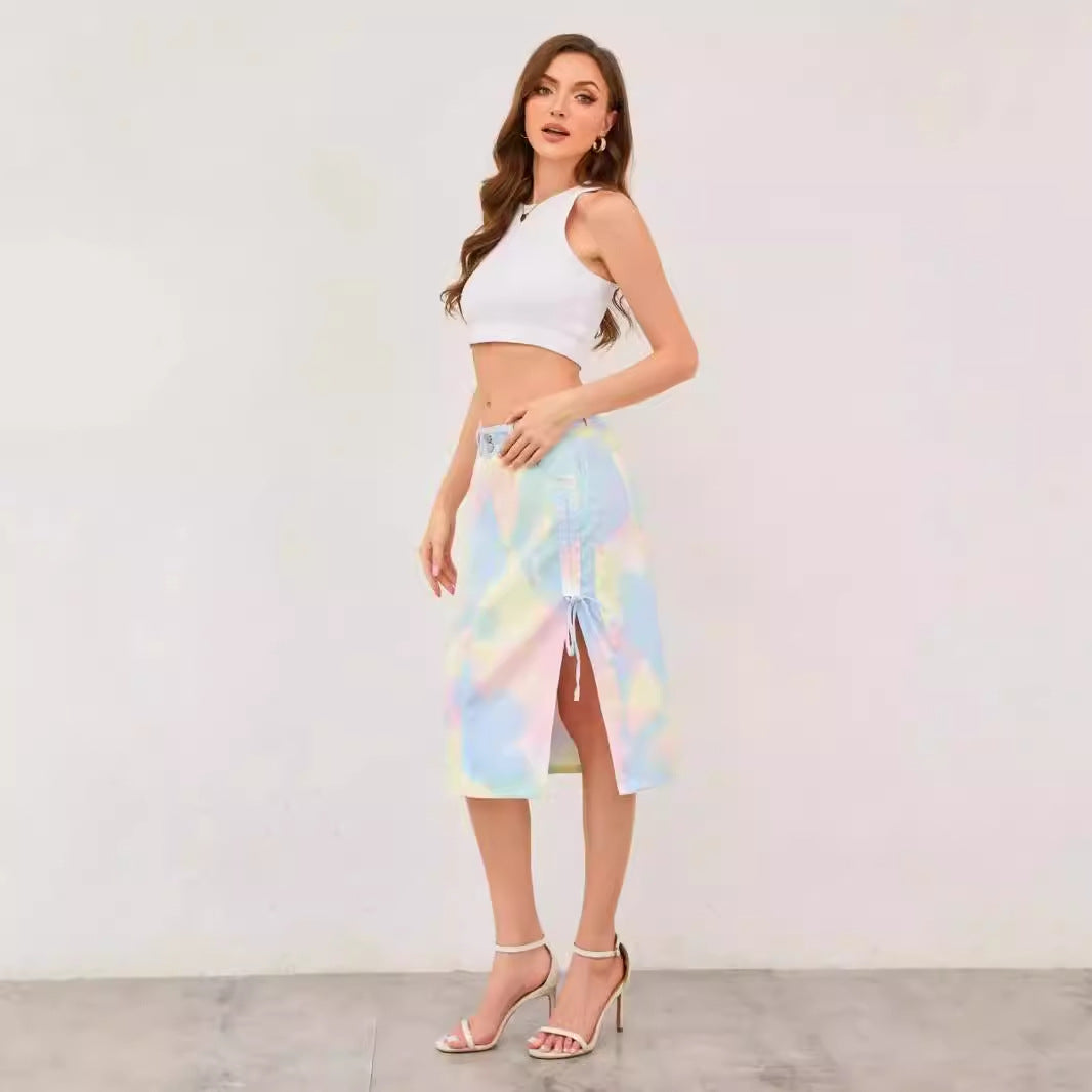 Summer Tie Dye Gradient Macaron Color Denim Skirt Mid High Waist