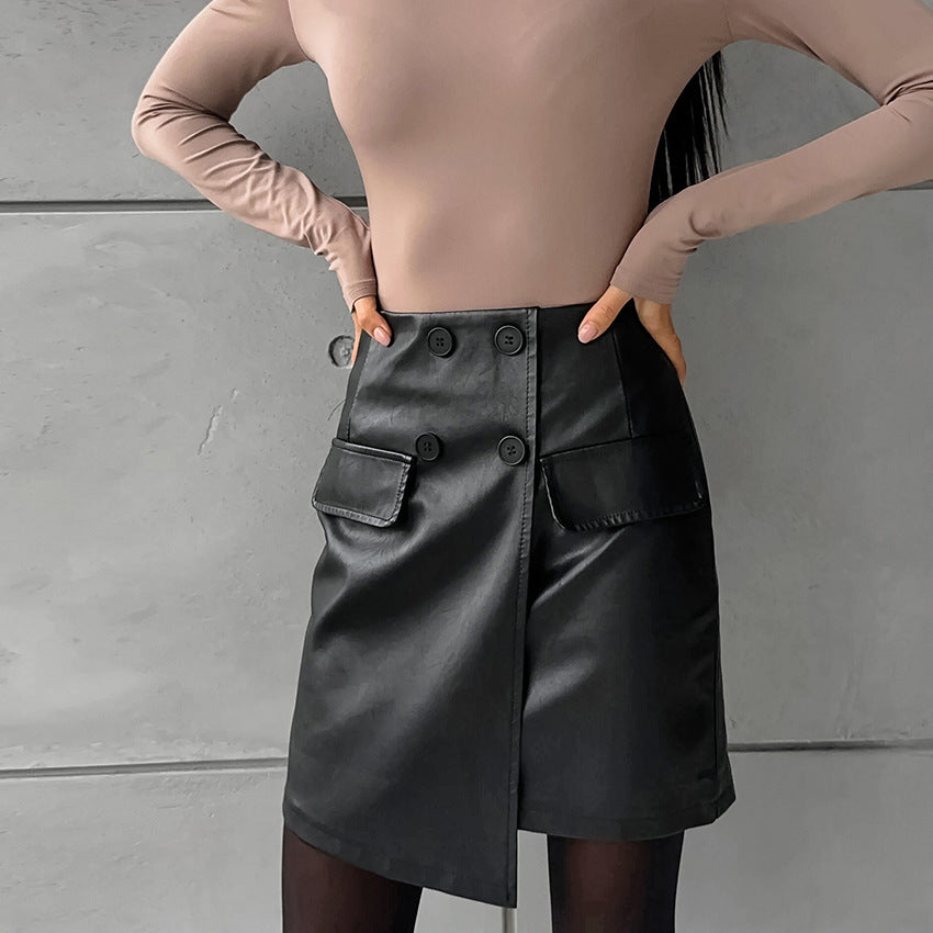 Sexy Slim Hip Fleece lined Artificial Leather A Swing High Waist Leather Skirt Autumn Skirt Women