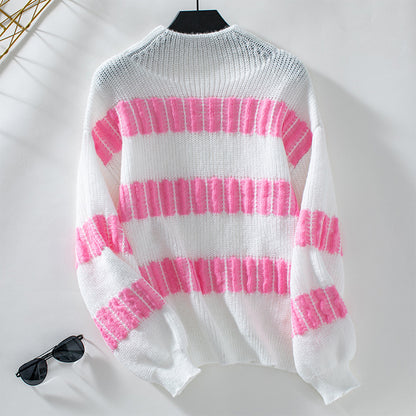 Striped Pullover Women Sweater Autumn Winter All Matching Loose Mock Neck Sweater