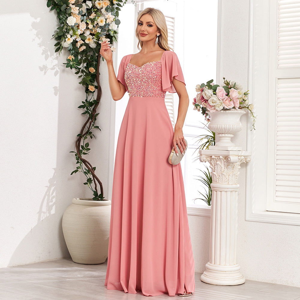 Square Collar Short Sleeve Backless Pink Evening Dress A line Sequin Stitching Chiffon Valentine Day Party Dress