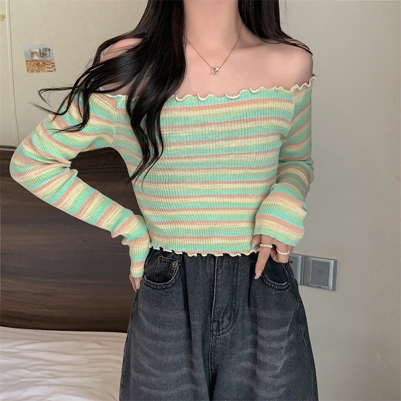 Wooden Ear Knitted Sweet Striped Off Shoulder Long Sleeve Top