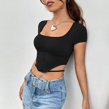 Summer Women Clothing Square Collar Irregular Asymmetric Short Knitted Short Sleeve T shirt Top