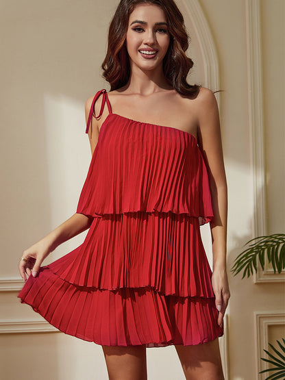 Summer Chiffon Sexy Oblique Shoulder Asymmetric Chic Pleated Slim Short Dress Women