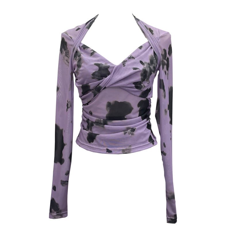 Tie Dyed Printed Long Sleeved Bottoming Sexy Sexy V Neck T Shirt Pleated Slim Fit Slimming Mesh Top