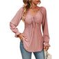 Fall Arrival Women Clothing V Neck Drawstring Girdle Sexy Long Sleeve Solid Color T Shirt