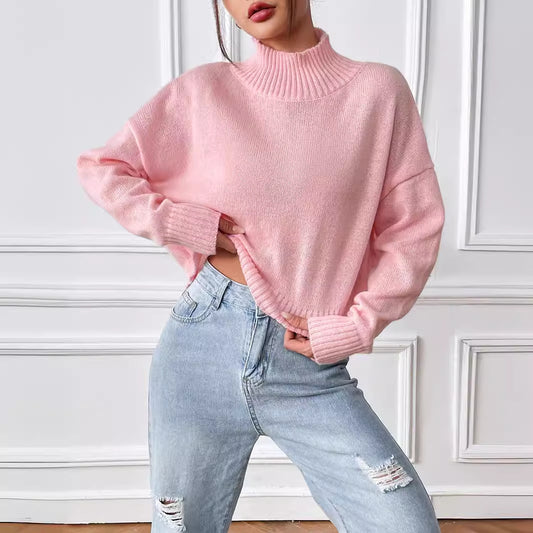 Women Short Top Women Clothing Autumn Winter Turtleneck Pullover Solid Color Loose Casual Bottoming Shirt