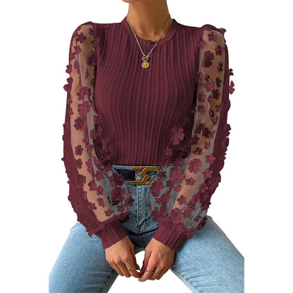 Women Mesh Small Floral Chiffon Shirt Women Spring Summer round Neck Slimming Pullover Long Sleeve Top