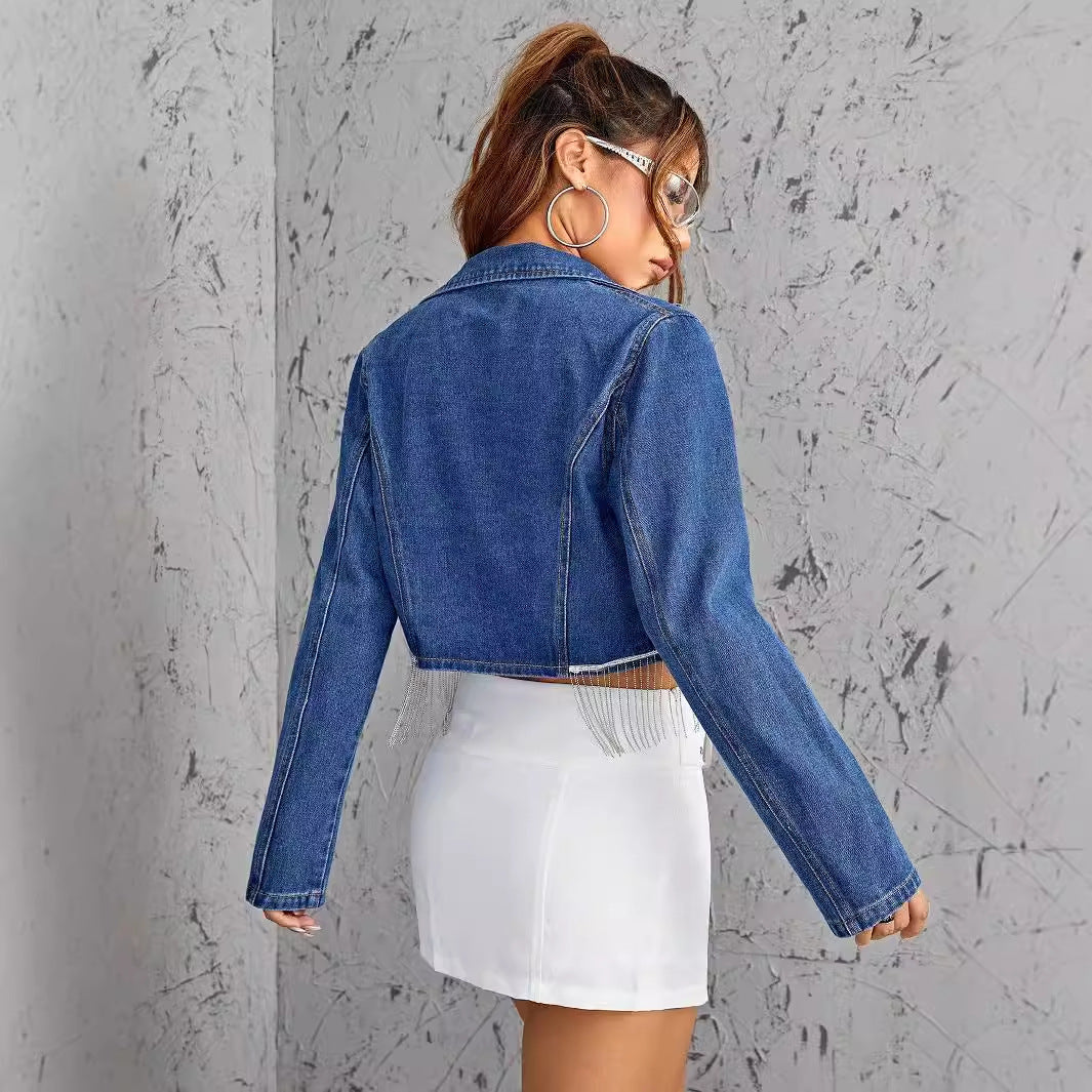 Women Clothing Personality Tassel Slimming Short Denim Coat