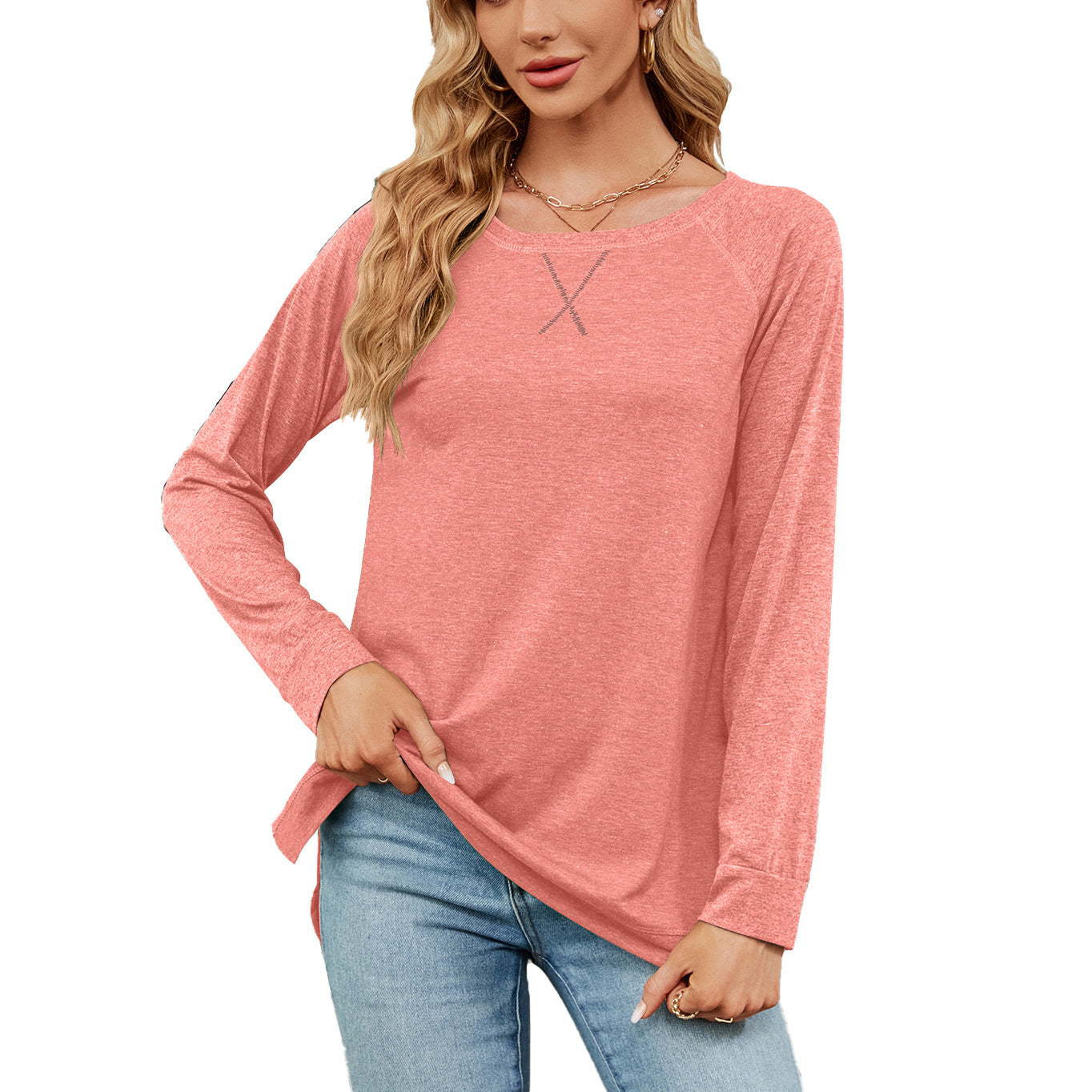 Autumn Winter round Neck Contrast Color Loose Long-Sleeved T-shirt Split Top Women