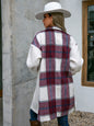 Autumn Winter Polo Collar Single-Breasted Stitching Loose Women Long Plaid Shacket Coat