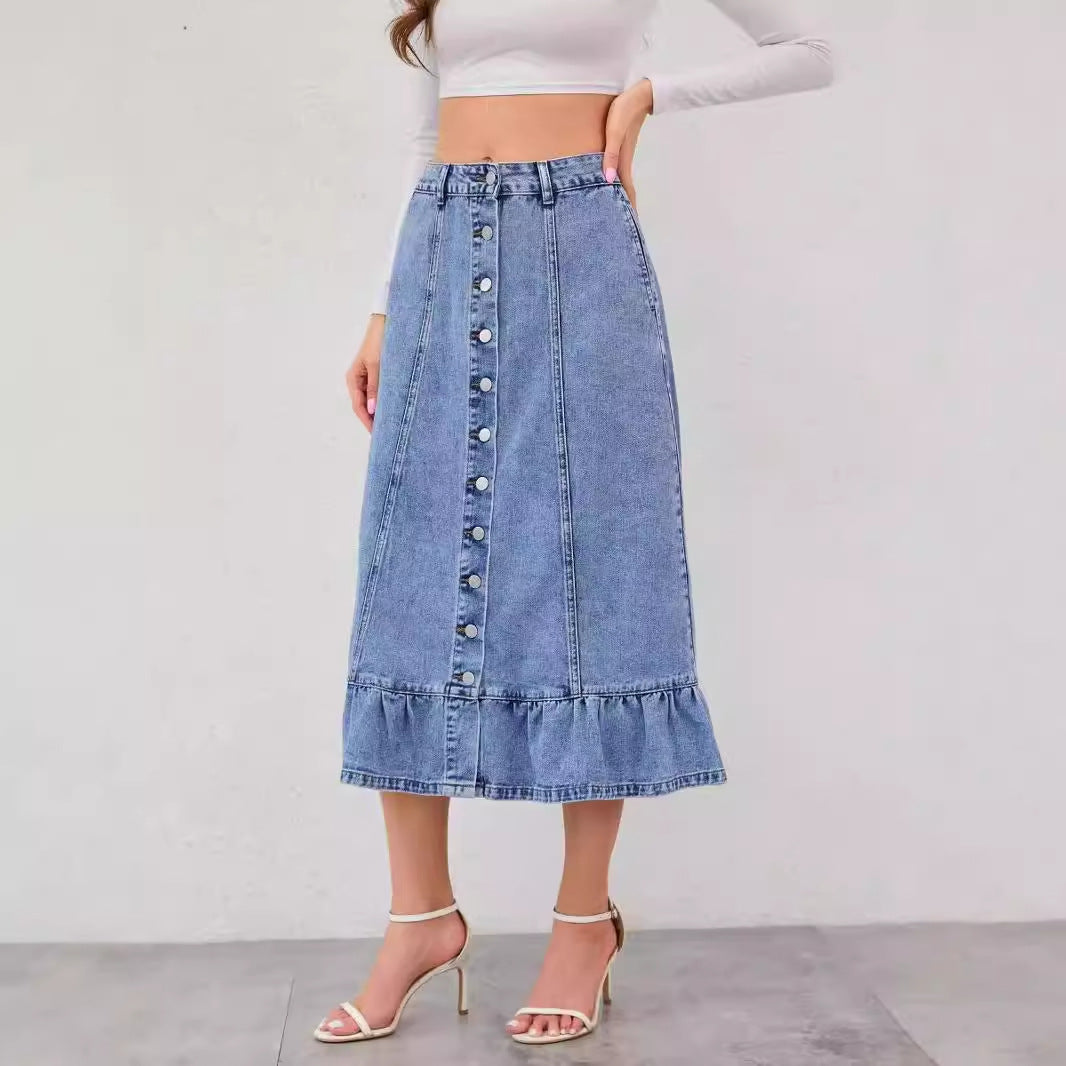 Denim Skirt Women High Waist A line Slimming Cover Fishtail Ruffled Sexy Long Skirt