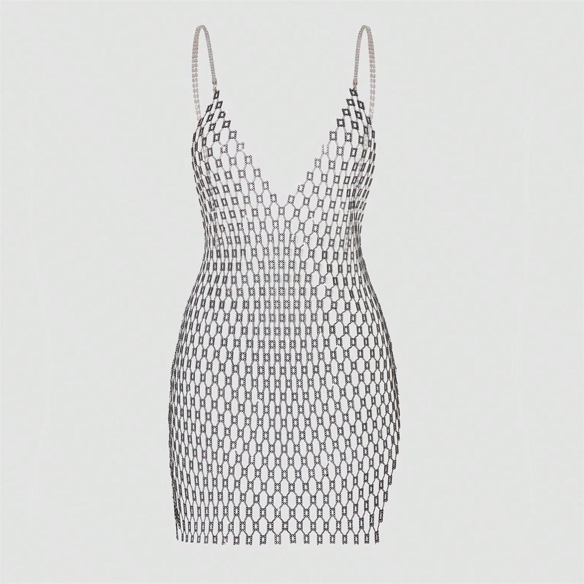 Women Clothing Dress Sexy Fishnet Dress V Neck Rhinestone Suspender Dress Tight Women